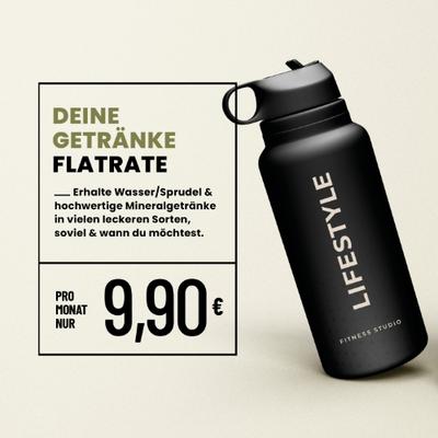 Werbegrafik: Schwarze Lifestyle-Trinkflasche neben Text zur Getränke-Flatrate für 9,90 Euro pro Monat.